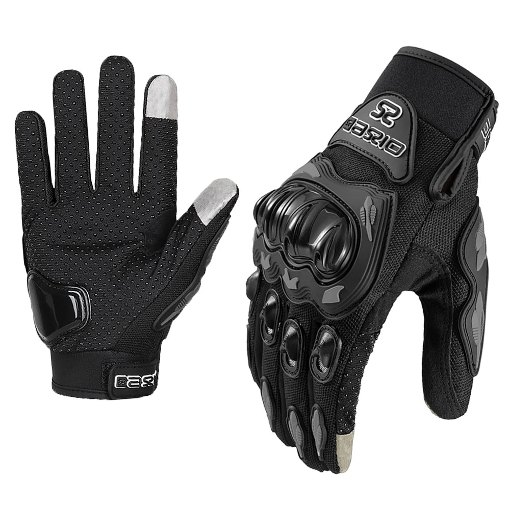 A pair of black motorcycle racing gloves featuring a textured palm and a touchscreen display on the back of the hand.