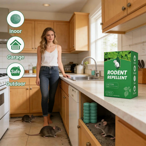 A box of rodent repellent balls is displayed on a kitchen counter next to a cabinet, with a mouse visible near the bottom dra