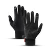 A pair of black all-weather sports gloves with touch screen technology shown against a white background.