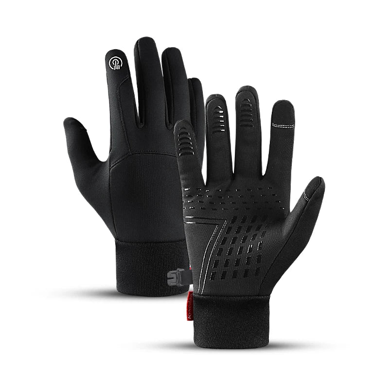 A pair of black all-weather sports gloves with touch screen technology shown against a white background.