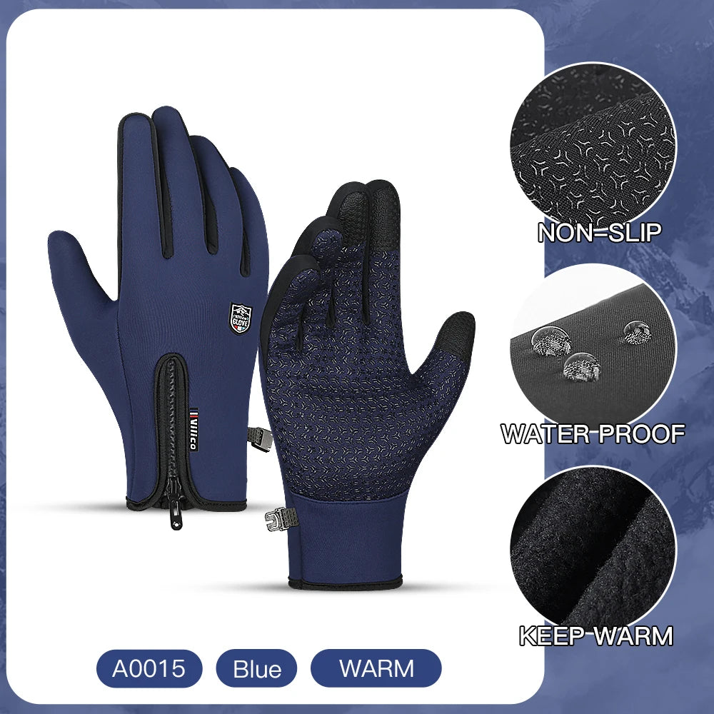 Une paire de gants de vélo et de conduite bleus foncés imperméables, avec une prise antidérapante et une isolation thermique.