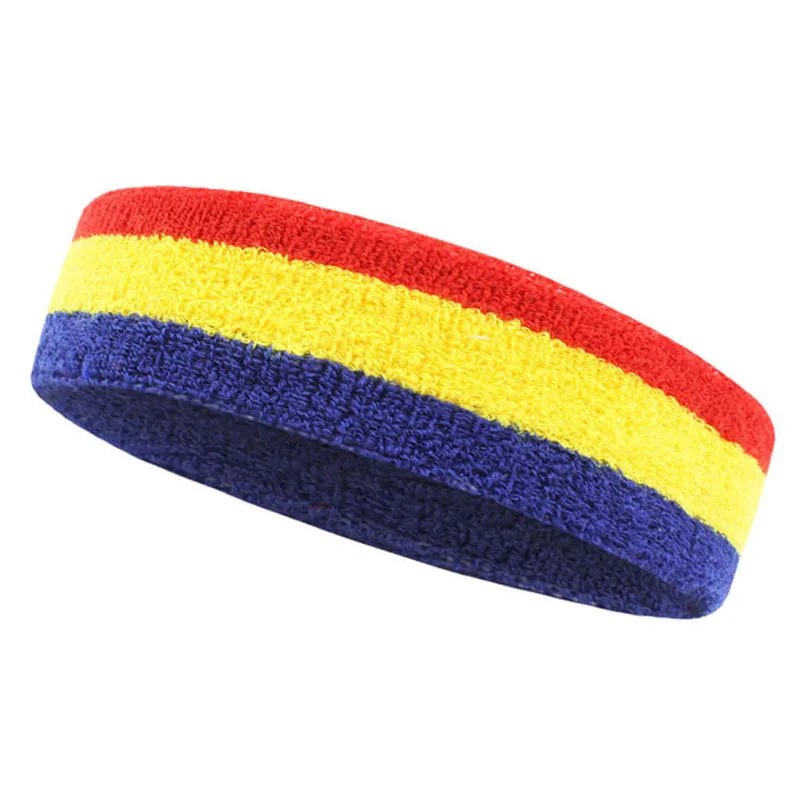 A rolled moisture-wicking athletic headband featuring horizontal stripes of red, yellow, and blue.