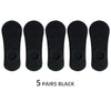 Five pairs of black men's invisible silicone no-show socks laid out side by side.
