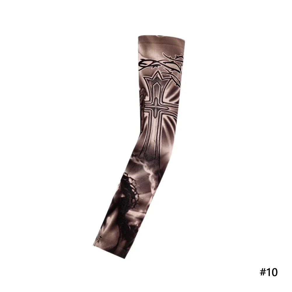 A dark brown reusable stretch tattoo arm sleeve featuring a Celtic cross design.