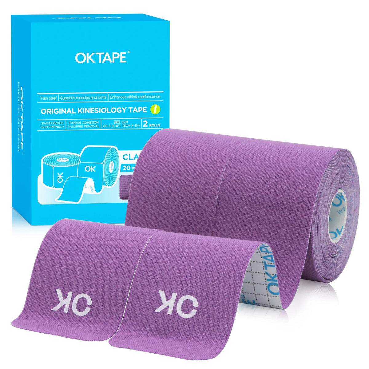 Purple OKTAPE kinesiology tape rolls and a box are displayed on a white background.