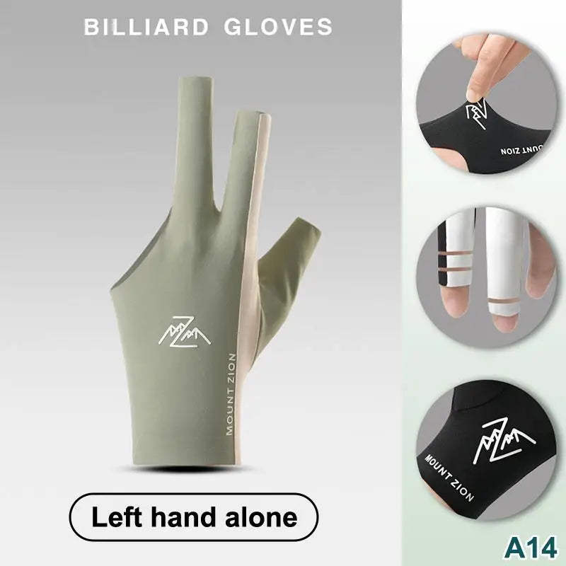 A pair of beige billiard gloves shown with a close-up of the palm and a detail view of the wrist strap.