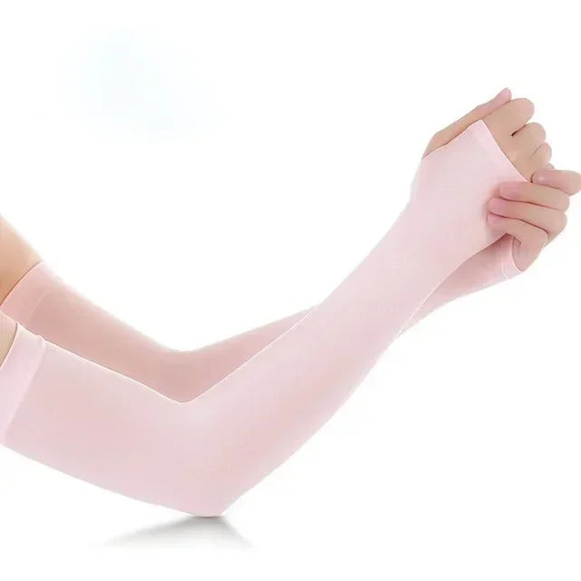 A hand wearing a light pink ice sleeve for sports and outdoor activities.