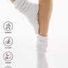 White slouch knit scrunch socks shown on a person's leg, demonstrating various activities like running, cycling, fishing, and