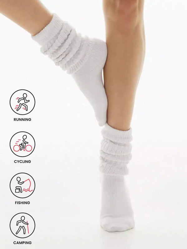 White slouch knit scrunch socks shown on a person's leg, demonstrating various activities like running, cycling, fishing, and