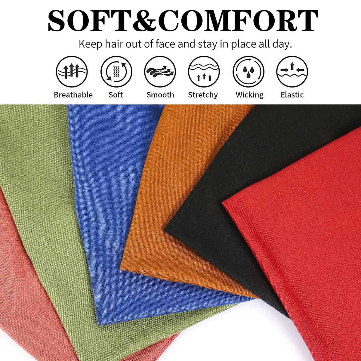A stack of colorful soft and comfort elastic headbands in various shades including green, blue, orange, black, and red.