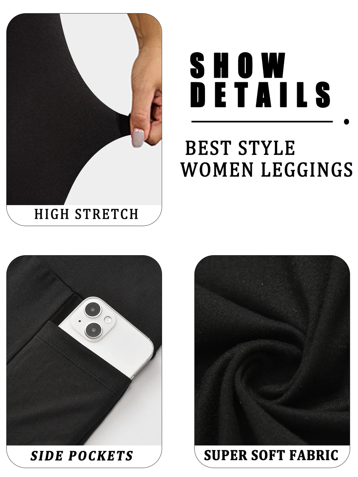 Details zu schwarzen, hochdehnbaren Damen-Leggings mit Seitentaschen und superweichem Stoff