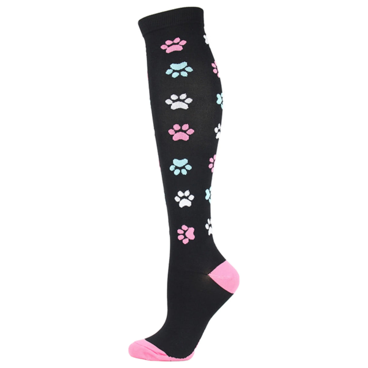 Black compression socks with colorful paw print patterns and pink accents