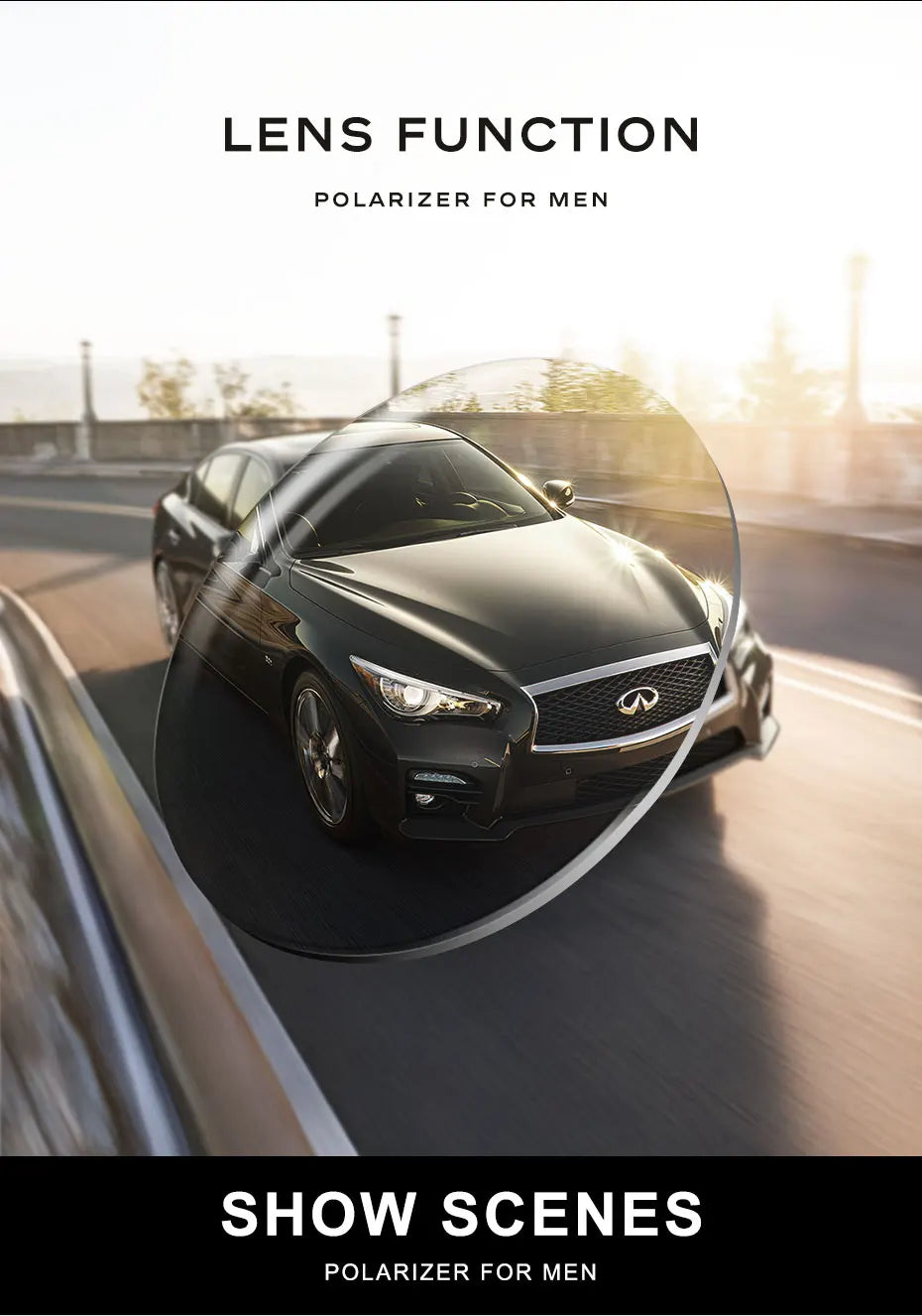 A black Infiniti car is shown driving on a road, with a lens effect highlighting the polarized sunglasses for men.