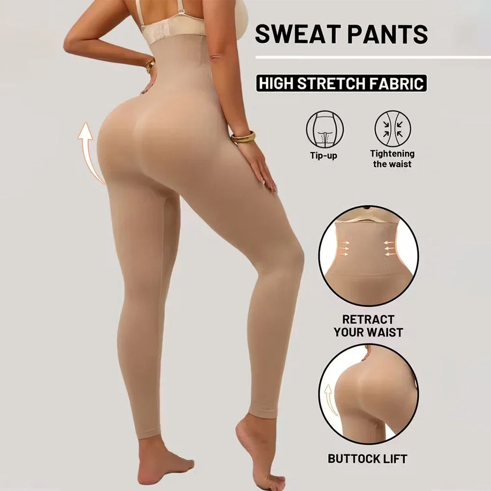 Tan high stretch sweat pants shown on a model demonstrating tightening and buttock lift features