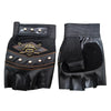 A pair of black half-finger motorcycle riding gloves featuring a pirate skull design and metal studs.