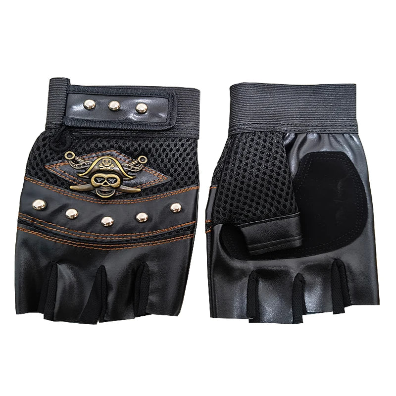 A pair of black half-finger motorcycle riding gloves featuring a pirate skull design and metal studs.