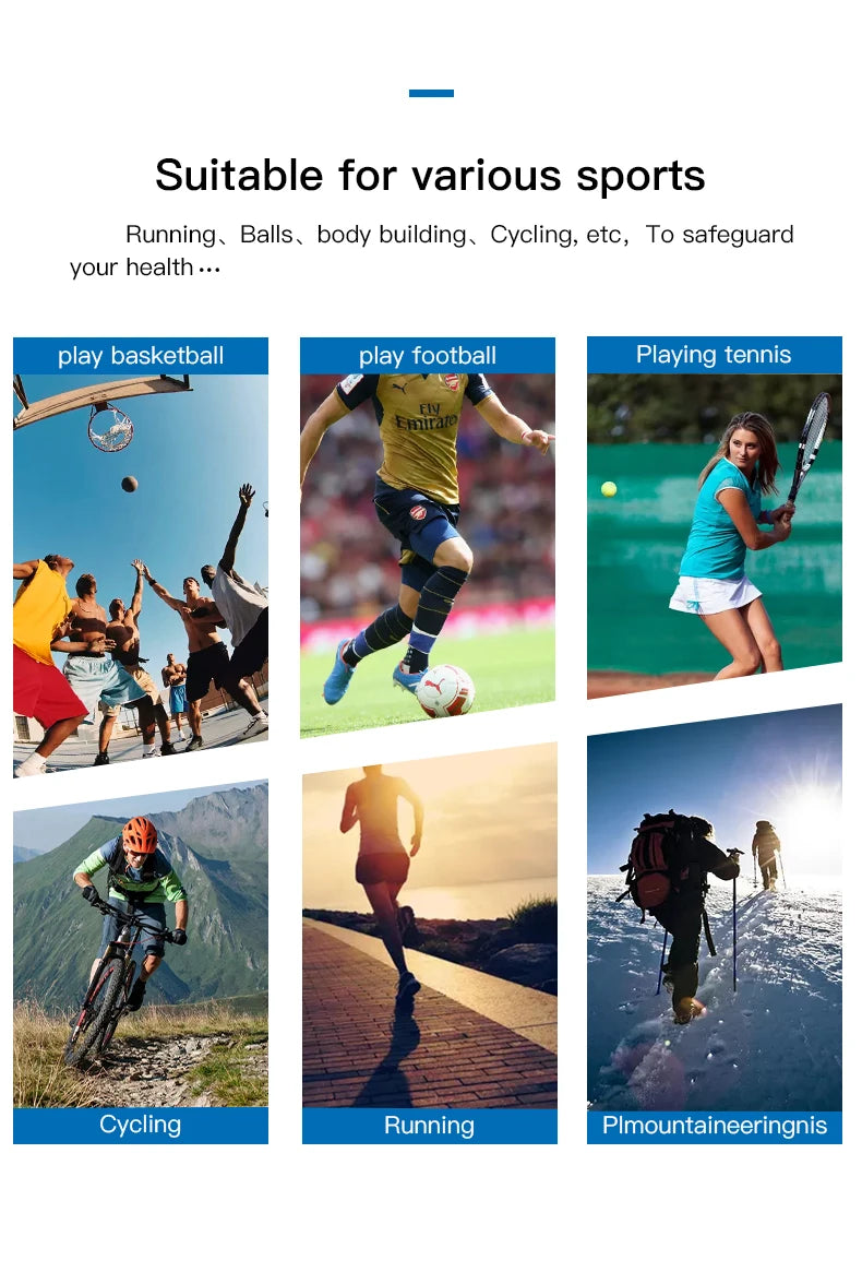 A collection of images showing various sports activities like basketball, football, tennis, cycling, running, and mountaineer