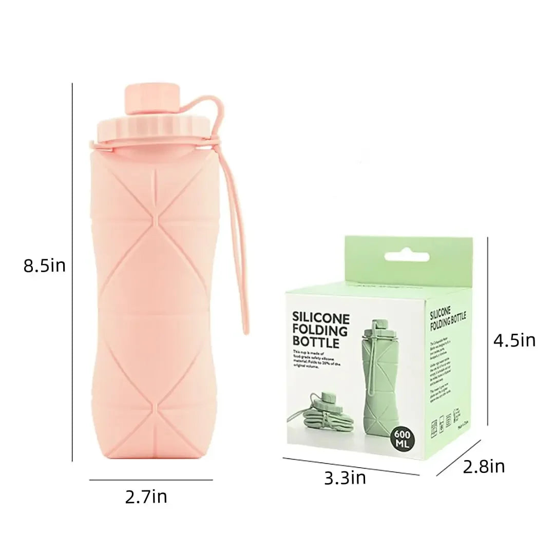 Botella plegable de silicona rosa con sus dimensiones y empaque.