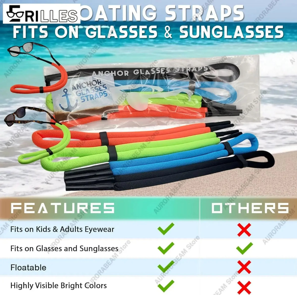 A collection of colorful floating eyewear straps designed to fit glasses and sunglasses.
