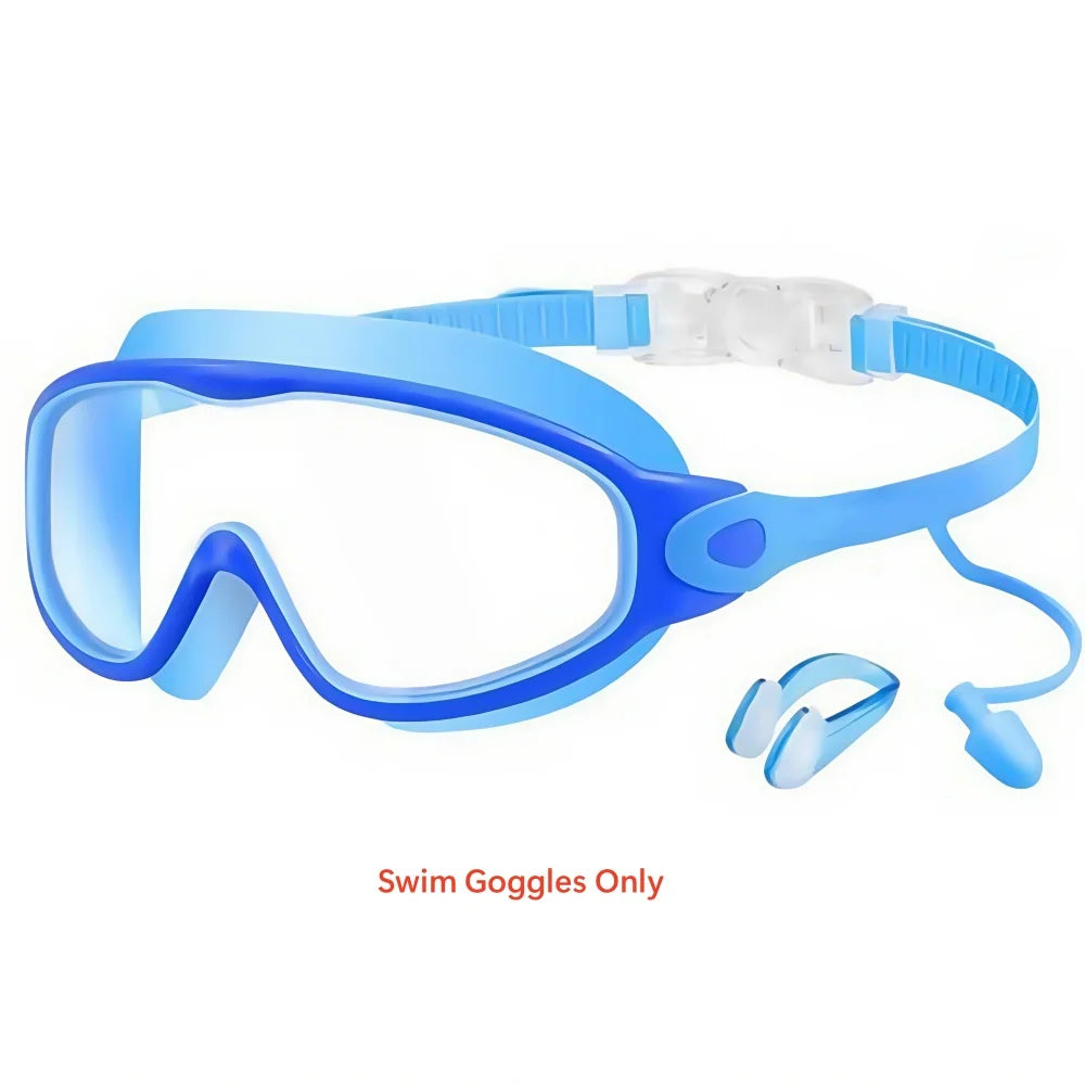 Blue swim goggles with nose clips and earplugs for swimming