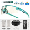 A pair of blue-tinted photochromic sports sunglasses shown in various states and with accessories like a case and cloth.