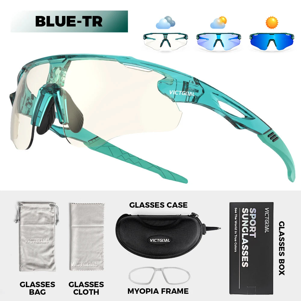 A pair of blue-tinted photochromic sports sunglasses shown in various states and with accessories like a case and cloth.
