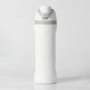 A white insulated stainless steel water bottle with a gray cap and dual drinking spout.