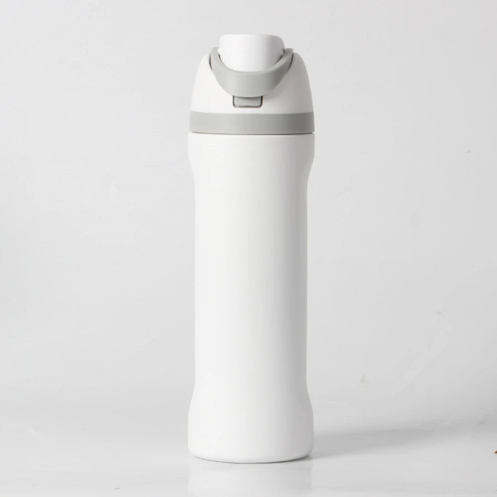 A white insulated stainless steel water bottle with a gray cap and dual drinking spout.