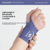 A hand is wearing a purple Nailekesi wrist compression brace on its forearm.