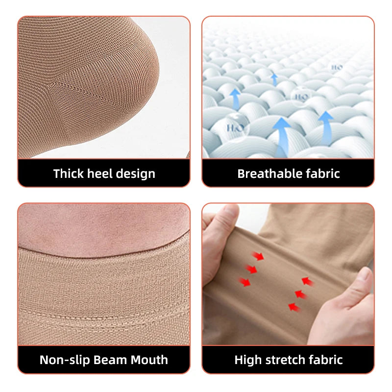 Close-up views of medical grade knee high compression stockings showing thick heel design, breathable fabric, non-slip beam m