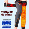 Black and orange elastic knee sleeves for heating and support, shown on a leg.