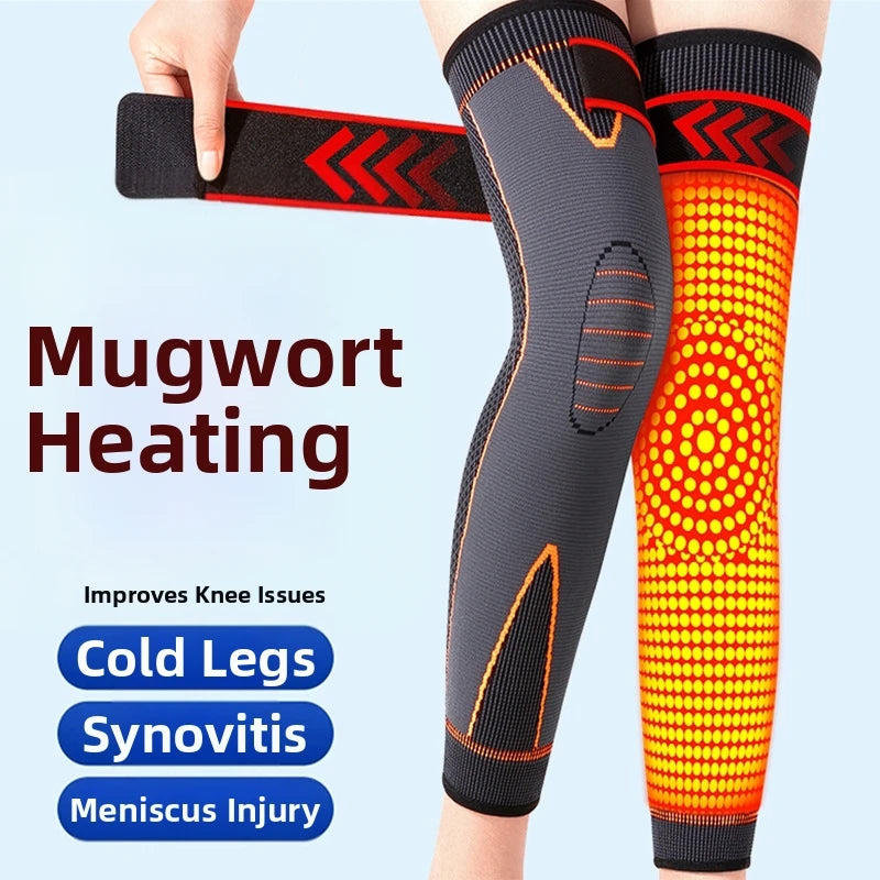 Black and orange elastic knee sleeves for heating and support, shown on a leg.