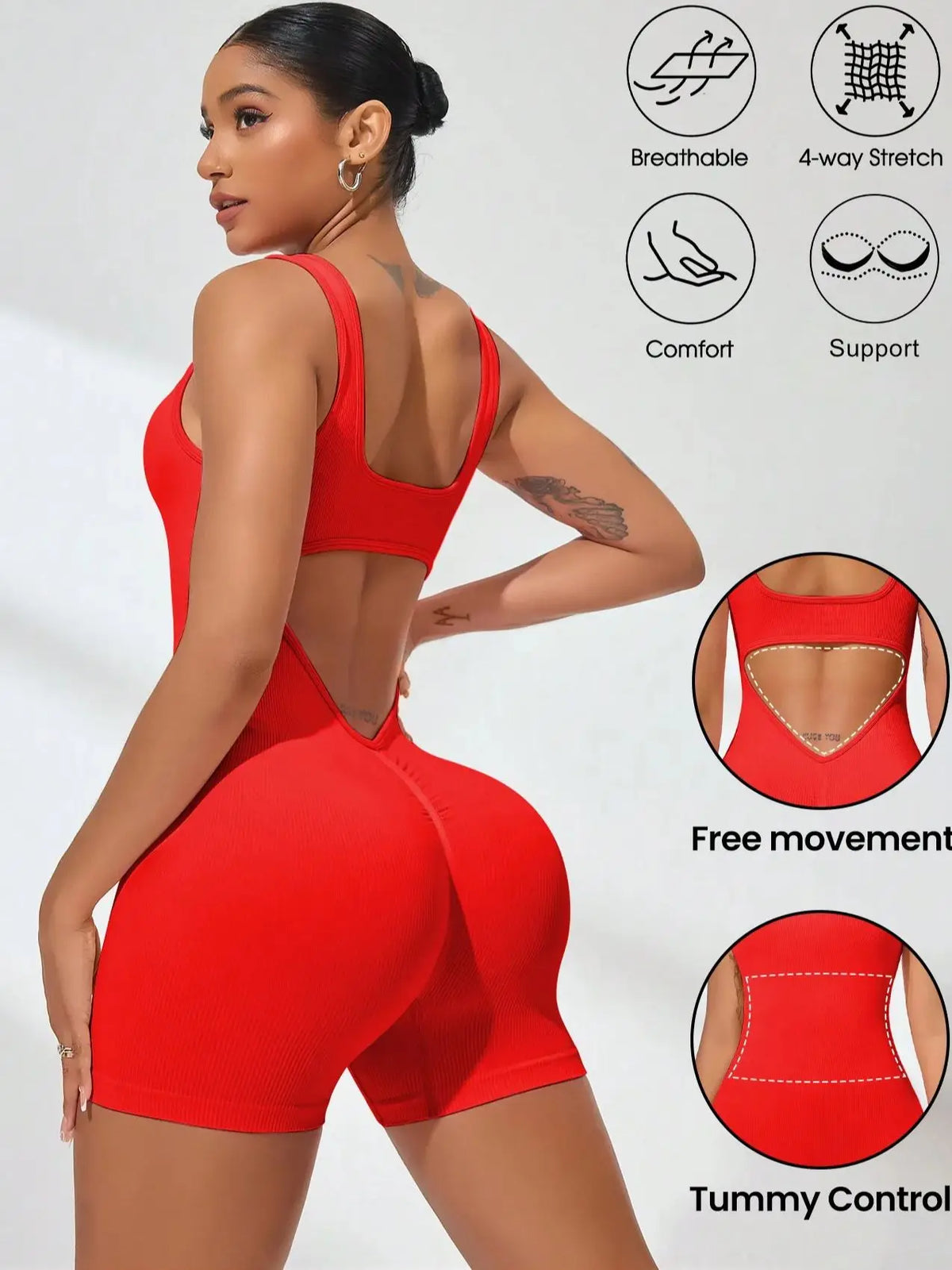 A model wearing a red, breathable, 4-way stretch athletic jumpsuit demonstrating comfort and support features.