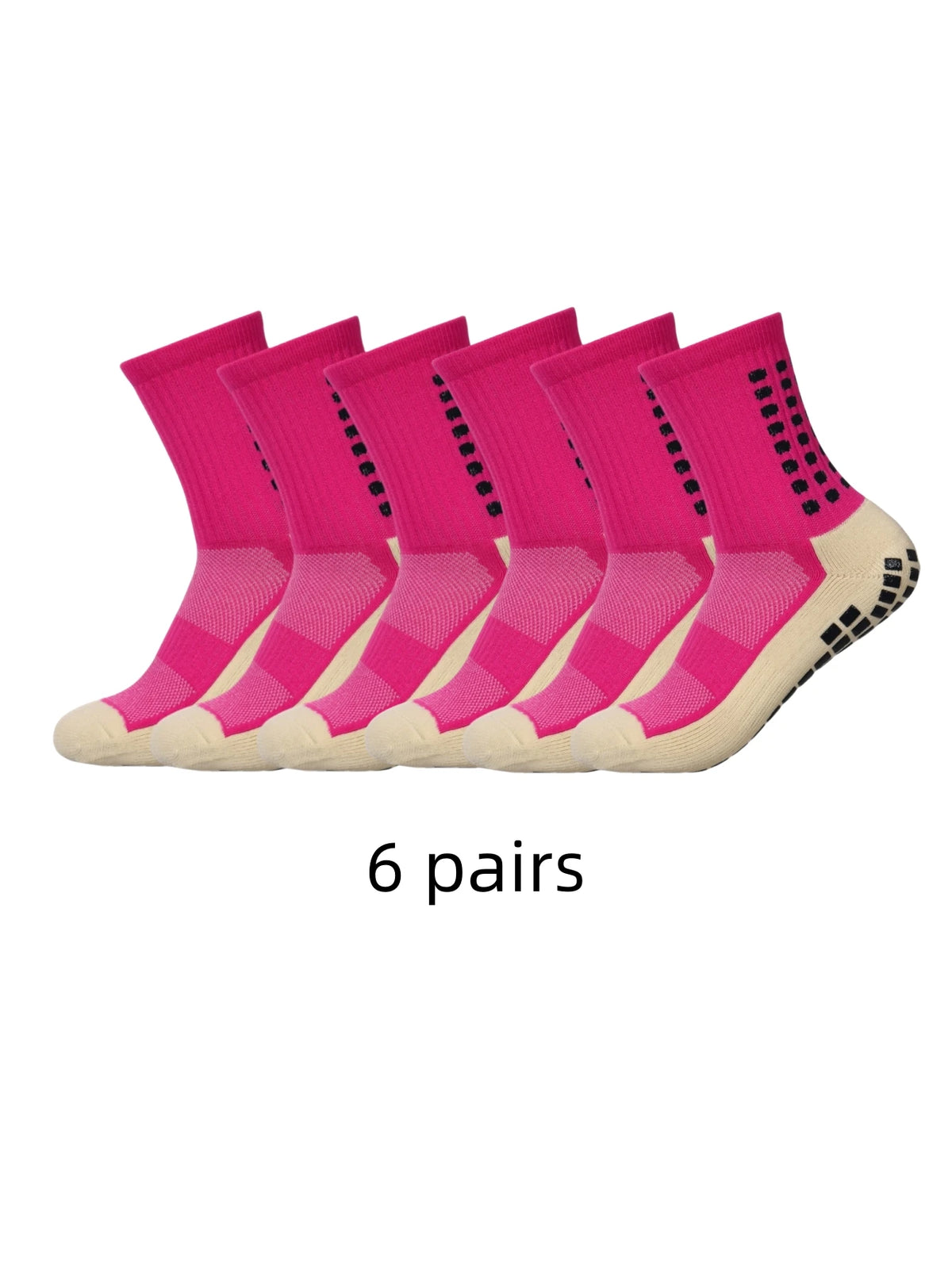Sechs Paar leuchtend pinker Sporthochs mit rutschfester Performance in einer Reihe.