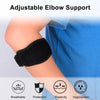 Black adjustable elbow support brace worn on an arm, highlighting breathable protection and elasticity features.