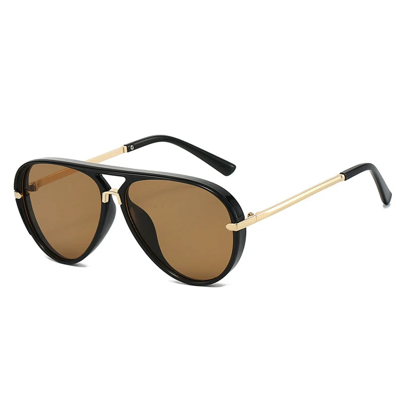 Retro pilot sunglasses with gradient brown lenses and black frames shown against a white background.