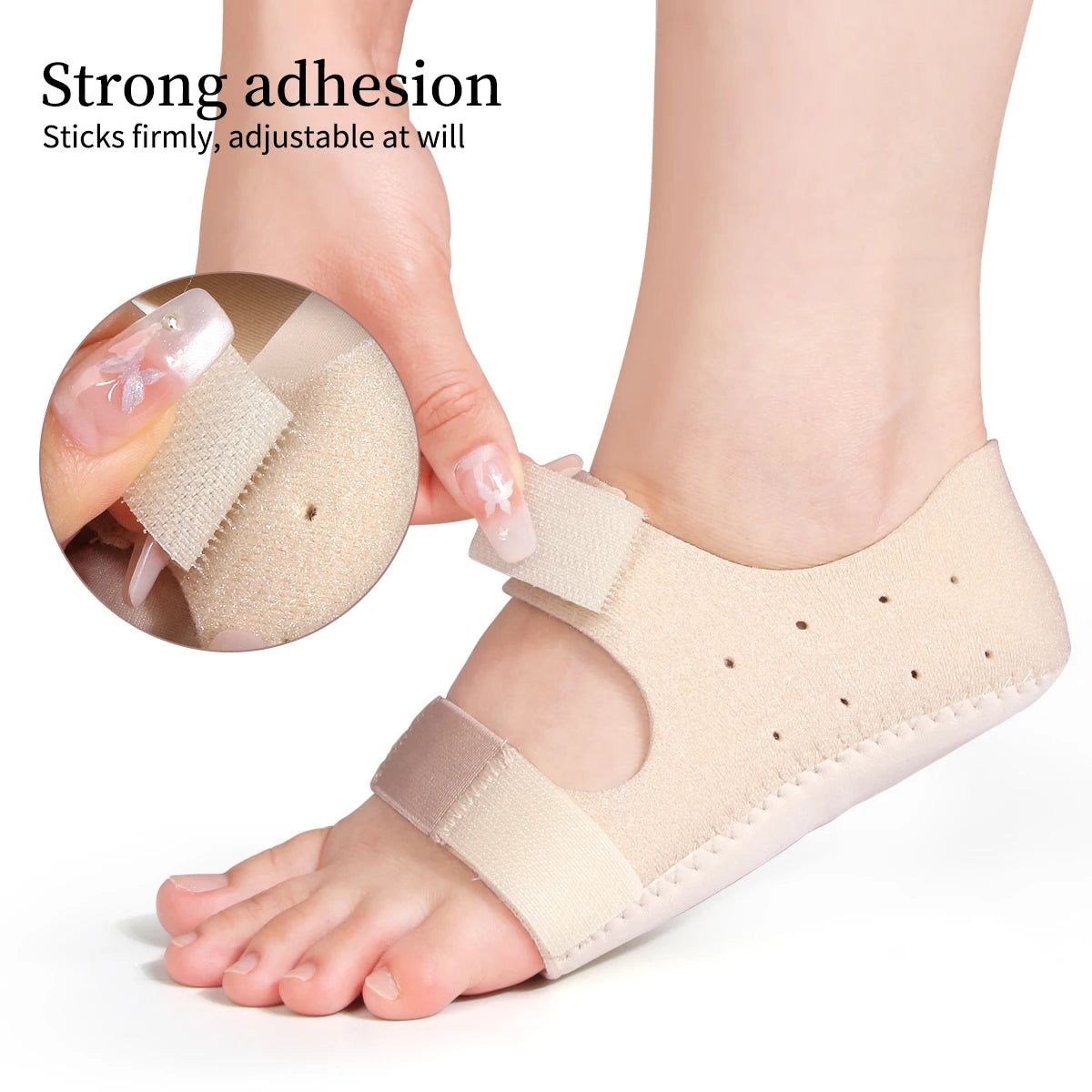 A hand is applying a beige adjustable gel heel cup to a foot for pain relief.