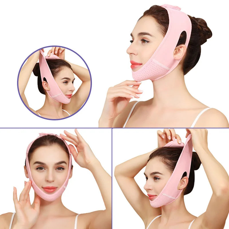 A woman is shown using a pink face slimming lifting strap for double chin treatment.