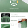 A close-up of a sage green high-waist yoga legging fabric highlighting its elastic and breathable features.