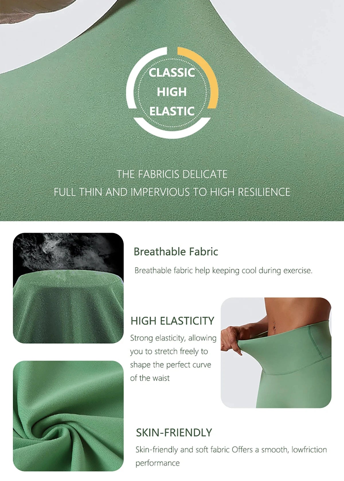A close-up of a sage green high-waist yoga legging fabric highlighting its elastic and breathable features.