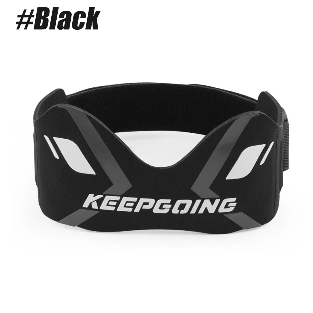 Black adjustable patellar tendon support knee brace shown flat on a white background.