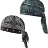 A black and teal paisley cooling headscarf cap set with decorative patterns.