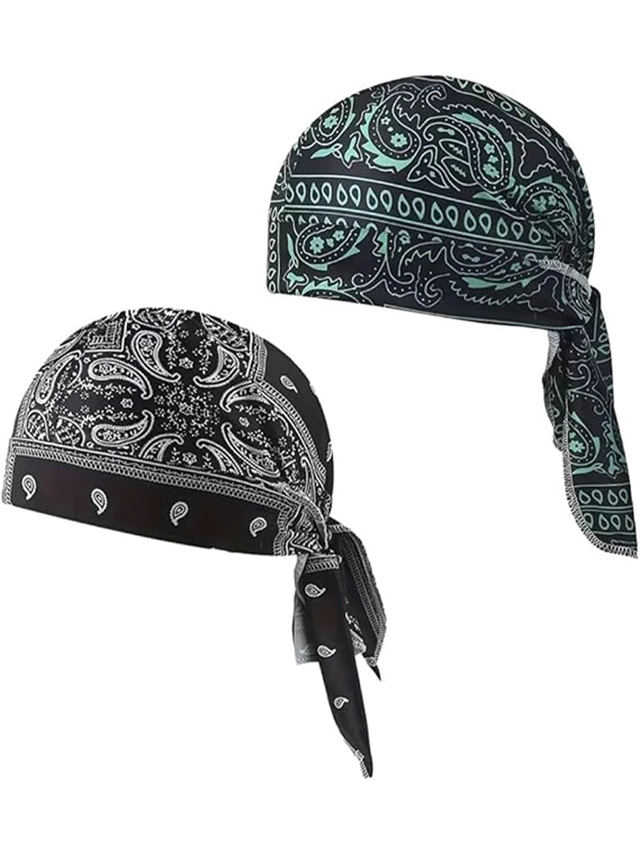 A black and teal paisley cooling headscarf cap set with decorative patterns.