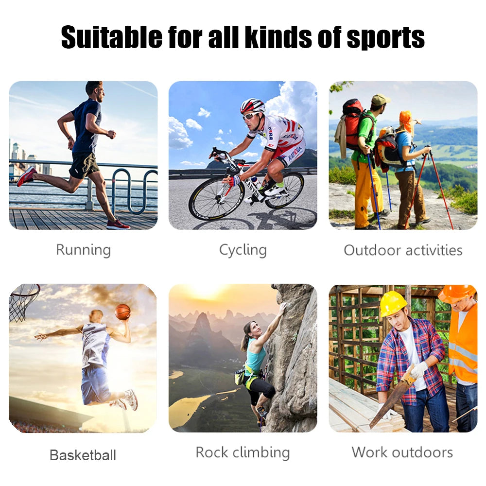 Various sports activities shown: running, cycling, outdoor activities, basketball, rock climbing, and work outdoors.