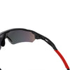 A close-up view of anti-glare sports sunglasses with dark lenses and black frames featuring a red temple arm.