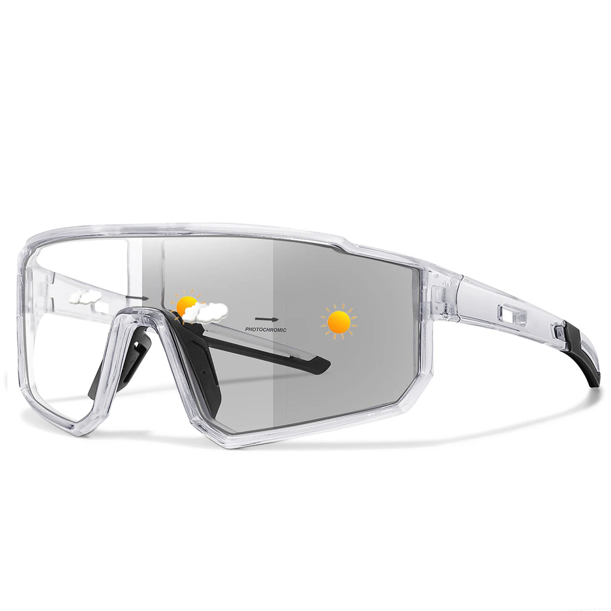 Clear plastic photochromic sports sunglasses with black frames and yellow lens tint