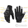 A pair of black motorcycle racing gloves featuring protective casing, breathable fabric, and touch screen technology.