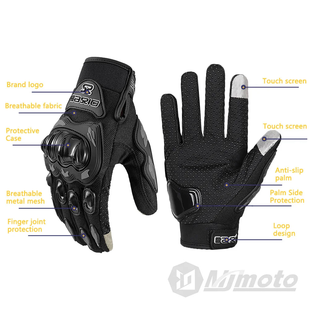 A pair of black motorcycle racing gloves featuring protective casing, breathable fabric, and touch screen technology.