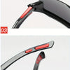 Close-up views of polarized sport sunglasses showing different parts and components.