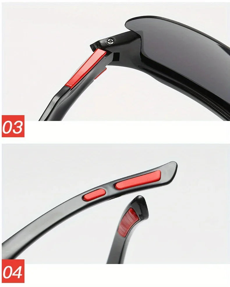 Close-up views of polarized sport sunglasses showing different parts and components.